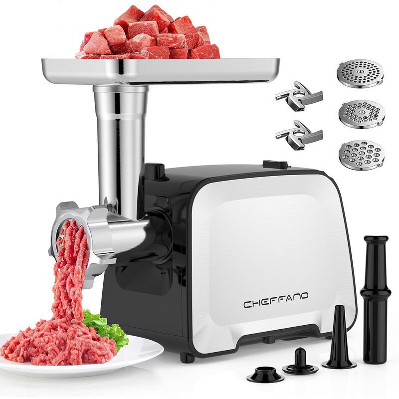 CHEFFANO MG090C Elektrischer Fleischwolf, Edelstahl-Wurstfüller mit 2 Schneiden, 3 Lochscheiben, Wurstfüllrohr & Kubbe-Set, robust für den Heimgebrauch