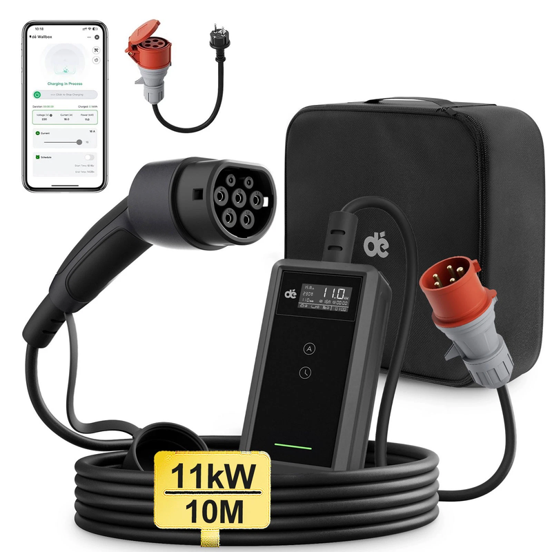 dé Mobile Wallbox 11 kW mit App 3-phasig 16 A 10 m Ladekabel CEE-16 A 400 V auf Typ 2, EVSE mit einstellbarer Ladeleistung, EV-Ladegerät für BEVs/PHEVs