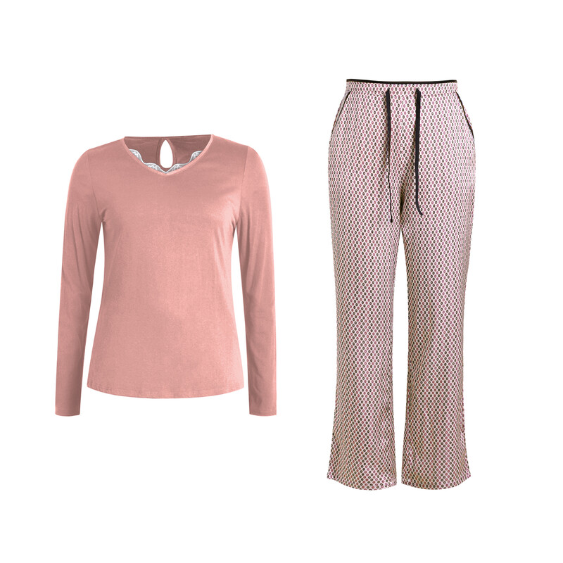v-neck pink long sleeved top and print pants set S
