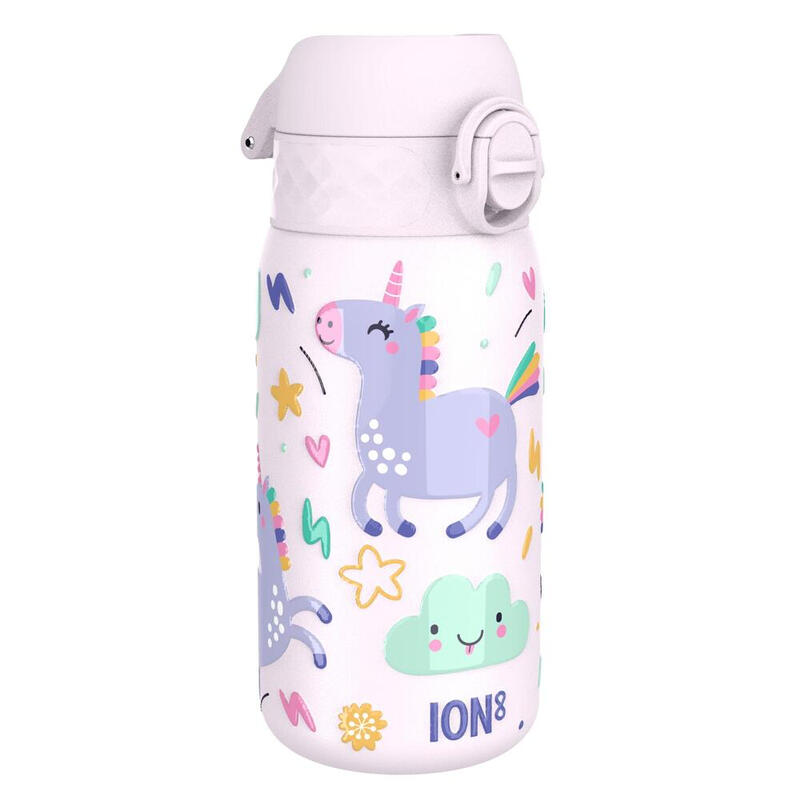 ION8 Kids drinkfles, staal 400 ml/13 oz, lekvrij, gemakkelijk te openen, veilige vergrendeling, vaatwasmachinebestendig, flipdeksel, draaghendel, eenvoudig te reinigen, duurzame metalen drinkfles, reliëfprint, Eenhoorns