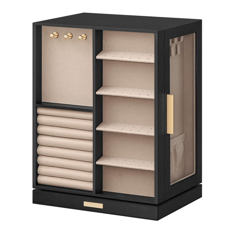 Ochama X Songmics Joyfurnos Jewellery Box 360° Rotating, Jewellery Organiser With 5 Drawers, Jewellery Display Case, Glass Window, Spacious, Vertical Jewellery Storage, Open Design, Great Gift, Graphite Black