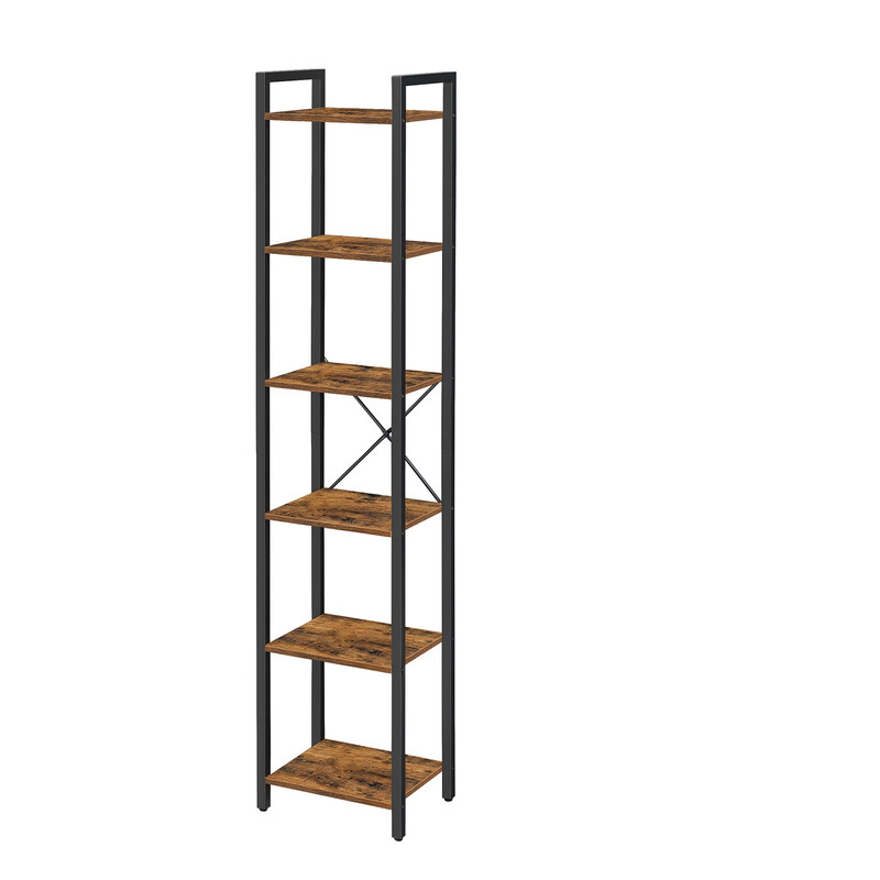 JOYFURNOS 6-Stufiges Bücherregal, Regal für Büro, Arbeitszimmer, Wohnzimmer und Schlafzimmer, 30 x 40 x 187,5 cm, Industrieller Stil, Rustikalbraun und Schwarz