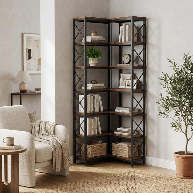 Eck-Bücherregal, hohes Bücherregal, industrielles großes Eckregal, freistehendes Eckregal, Aufbewahrungsregal mit Metallrahmen für Wohnzimmer, Zuhause, Büro (7 Regalböden)