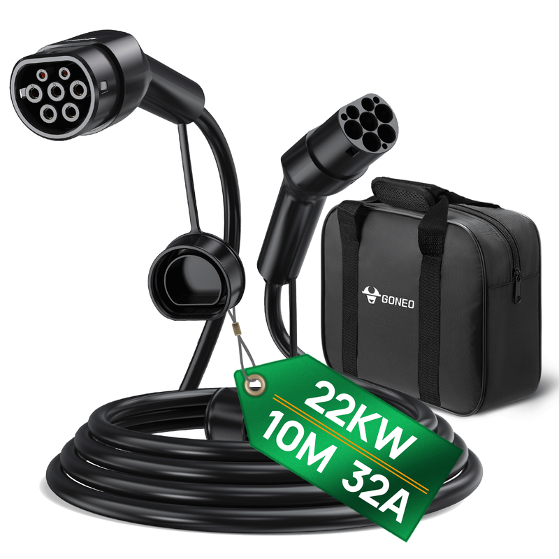 Goneo Typ 2 Ev-Ladekabel, 22 Kw, 10 M, 32 A, 3-Phasen-Modus 3, Für E‑Car (Ev/Phev), Typ 2 Auf Typ 2/CSS2, Mit Aufbewahrungstasche