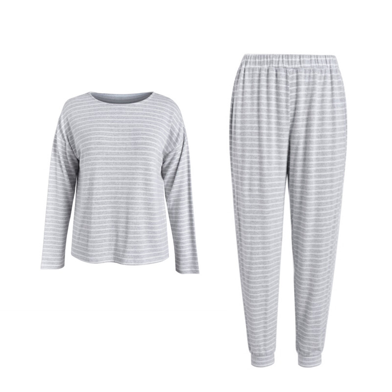 round-neck striped light grey long sleeved top and pants set S