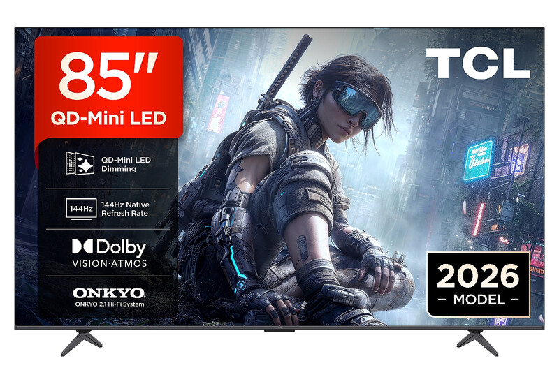 TCL 85T8D 85 Zoll QLED TV mit QD Mini LED Dimming, 4K HDR Ultra HD, Smart Google TV (Dolby Vision, HDR10+ & Atmos, 144 Hz VRR, FreeSync Premium, Onkyo 2.1 Sound, Game Master