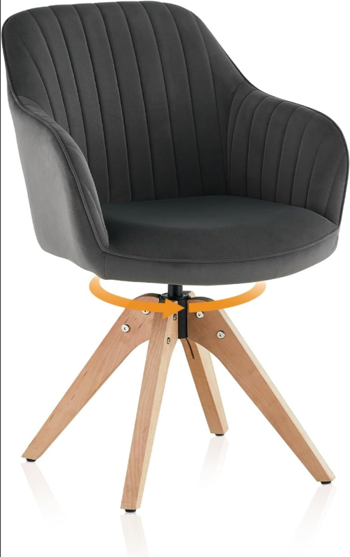 CLIPOP 1 PCS Swivel Dining Chair, Velvet Upholstered Accent Chair with Solid Wooden Legs,Desk Chair No Wheels, Mid Century Modern Vanity Armchair for Home Office Living Room Bedroom,0531 grey