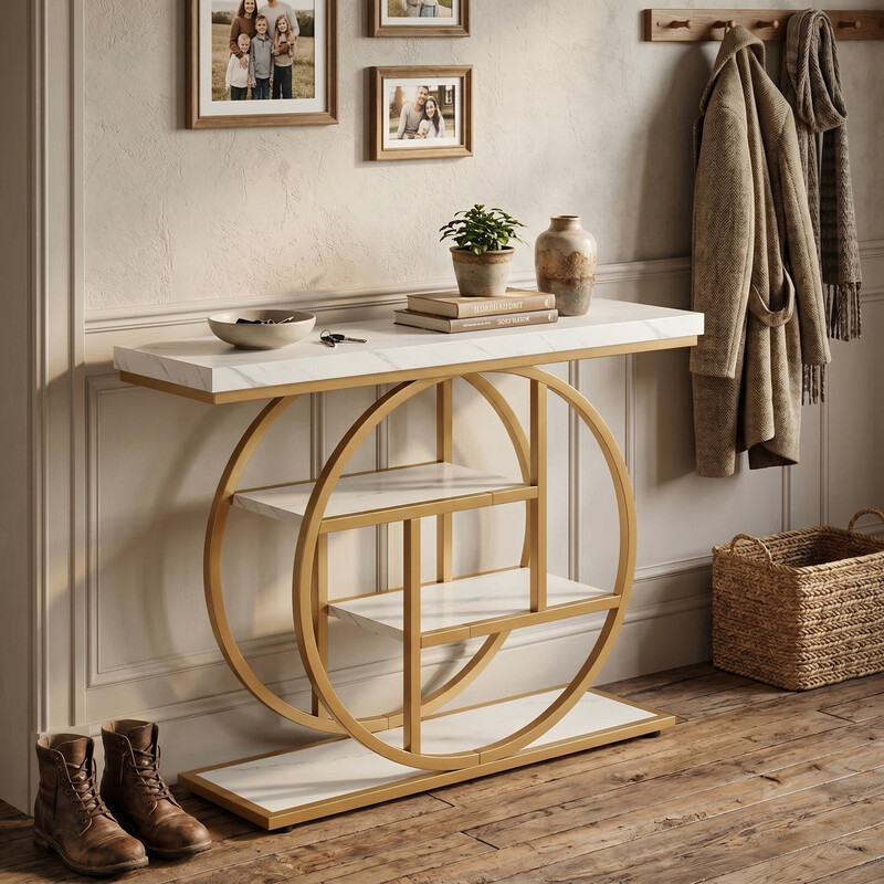 Konsolentisch, 105 x 30 cm, Industrieller 4-stufiger Sofatisch, Eingangstisch mit rundem Sockel, schmaler Holztisch mit Regalen für Wohnzimmer, Flur, Diele, Weiß-Gold