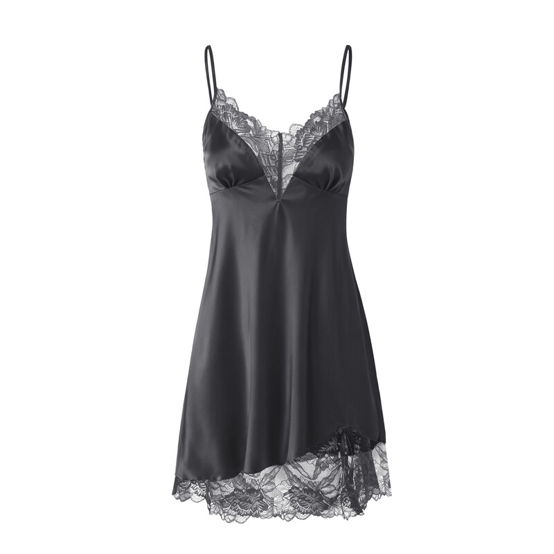 wide lace v-neck dark grey silk-like suspender dress XL