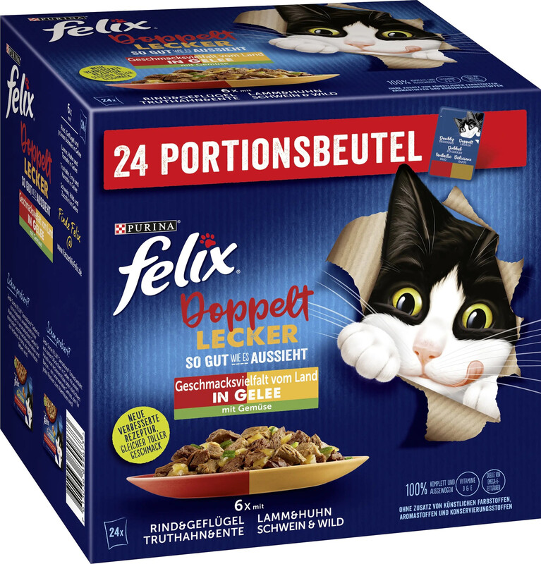 Purina Felix As Good as It Looks Double Delicious in Aspik Vielfältige Geschmacksrichtungen aus dem Land Katzen Nassfutter 24 x 85 g Beutel
