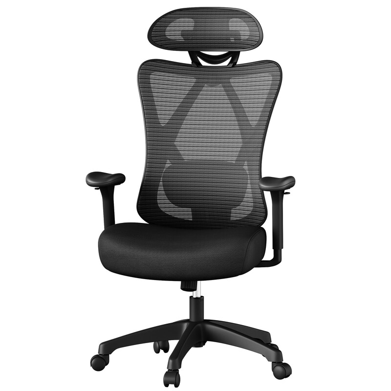 JOYFURNOS Zwarte ergonomische mesh computerstoel – 70 x 71 x (114-124) cm, Verstelbare lumbale ondersteuning en hoofdsteun, hoogte verstelbaar, draagvermogen tot 150 kg – comfortabele bureaustoel voor lange werkuren