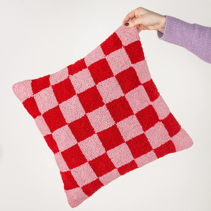 Cushion Check Square Knitted Red/Pink 45x45cm
