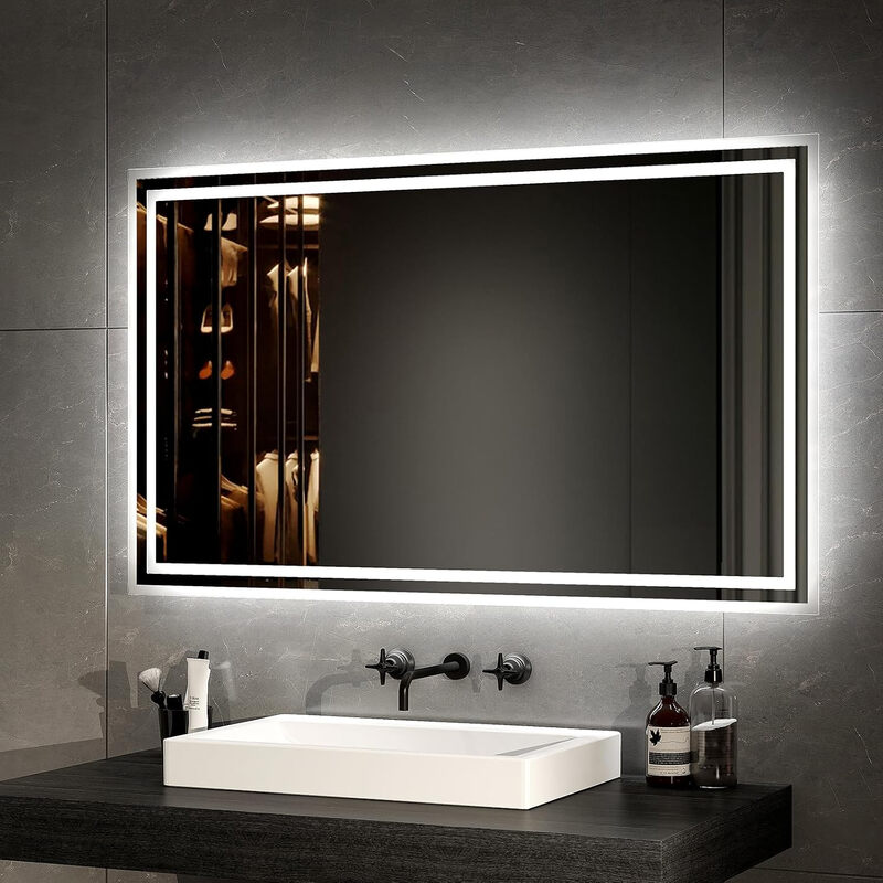 EMKE LED-Badezimmerspiegel mit Beleuchtung, 100 x 60 cm, Anti-Beschlag-Funktion, Badezimmerspiegel mit Druckschalter, Warmweißes und Kaltweißes Licht, IP44-Schutz, Moderner Wandspiegel