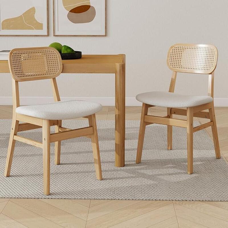 Rattan Dining Chairs Set of 2 Kitchen Side Chairs with Wood Legs for Dining Room, PU