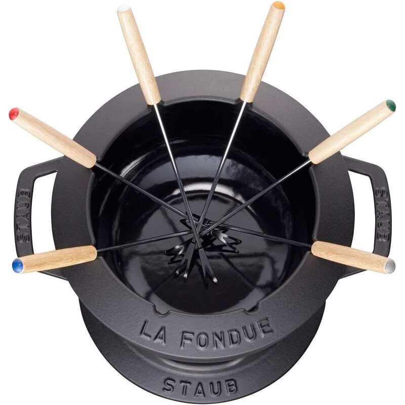 STAUB Fondue-Set mit 6 Gabeln, geeignet für Käse-, Schokoladen- und Fleischfondue, Gusseisen, Schwarz, 18 cm
