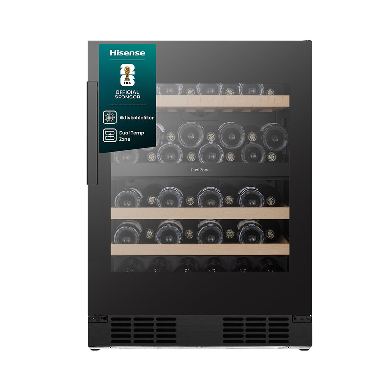 Hisense 46 Flaschen Wein-Kühlschrank – Dual-Zone-Kühlung für Rot- & Weißwein, UV-geschützte Glasfront, smarte App-Steuerung, leiser freistehender Wein-Kühlschrank