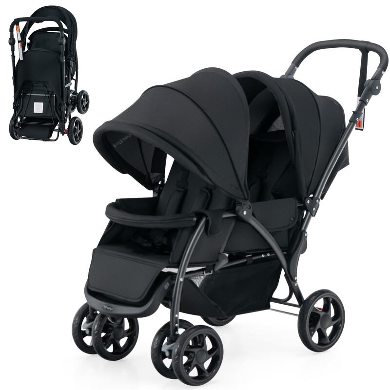 Costway inklapbare tweelingbuggy voor broertjes en zusjes met verstelbare rugleuning en kap draagvermogen 30 kg zwart