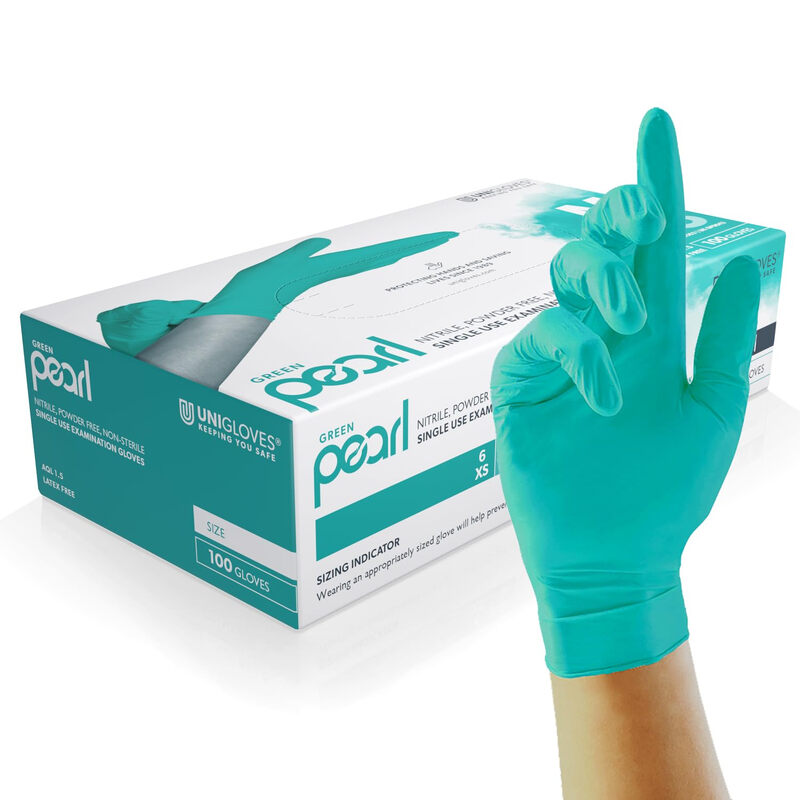 Unigloves Green Pearl Nitrile Examination Gloves - Multipurpose, Powder Free And Latex Free Disposable Gloves, S