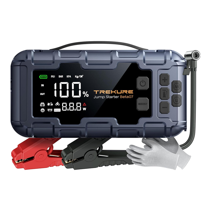 TREKURE Beta07 6000 A Startapparaat voor Auto 12 V met Luchtcompressor (160PSI), Draagbare Accu Booster met 45 W PD Snelladen, 3.3 Inch Slim Display, 600LM LED Noodverlichting, Inclusief Geïsoleerde Handschoenen