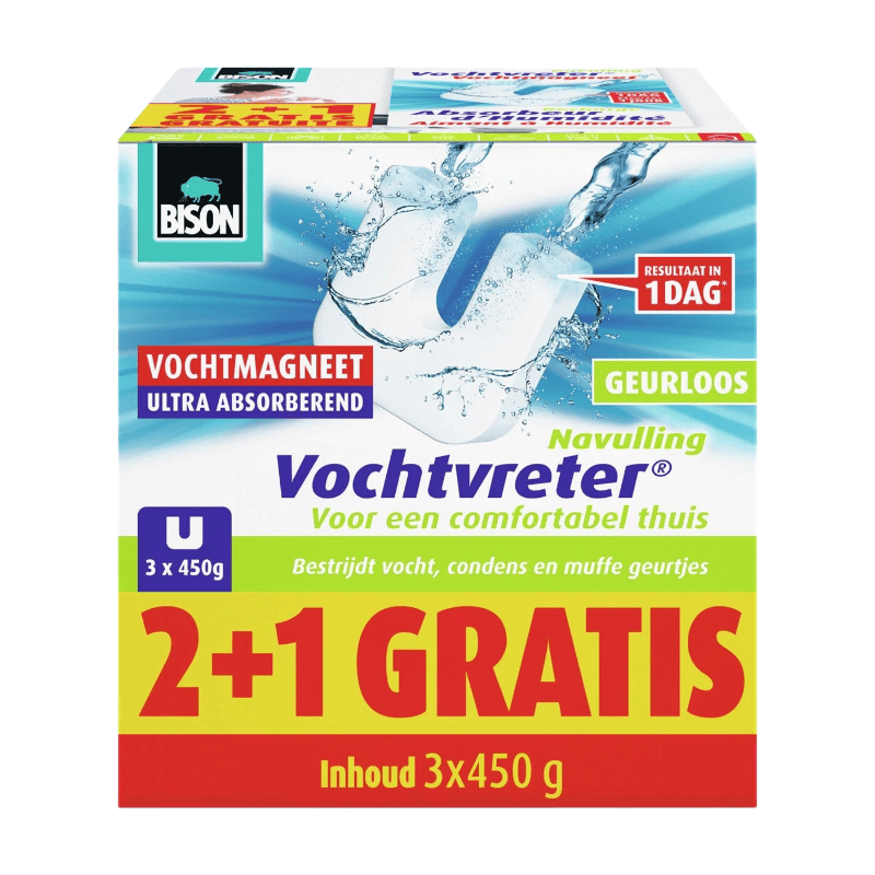Bison Vochtvreter® magneet 450g 2+1 gratis - Parfumvrije navulling voor Vochtvreter® apparaat, 3x 450 g, bestrijd hoge luchtvochtigheid in woonruimtes, ook geschikt voor caravans en campers