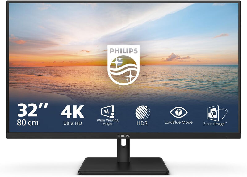 Philips | 32E1N1800LA | 32 inch | VA | 4K UHD (2160p) 3840 x 2160 bij 60 Hz | 300 cd/m² | 2x HDMI, DisplayPort | Kantelbaar | Luidspreker(s)