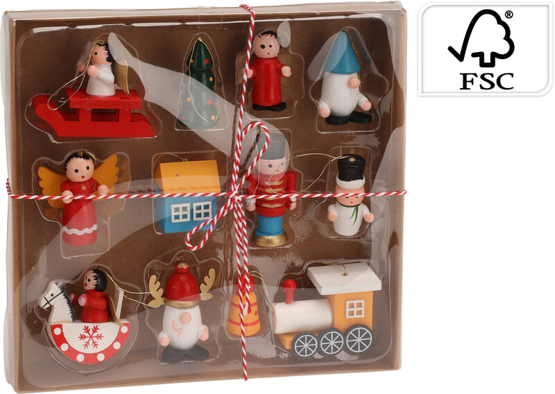 Koopman Houten Hangdeco Kerstornamenten Set - 12 stuks, Traditioneel, 205 x 195 mm