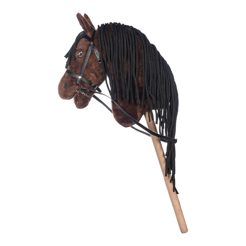 HKM Hobby Horse Stern – Steckenpferd braun/weiß, abnehmbares Zaumzeug & lange Mähne, 40 cm Holzstab – für Hobby Horsing Dressur & Parcours.