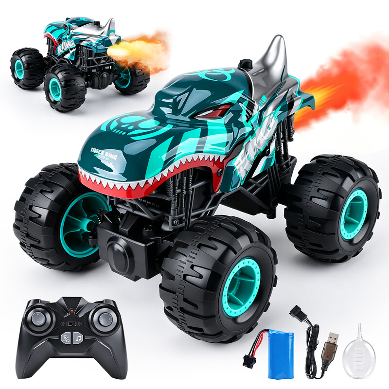 2.4GHz All-Terrain Shark Monster Truck Toy, Remote Control Truck with Music & 3 Lighting Modes, 360° Stunt Function, 2 Batteries Included Ready to Run, Toy Gift for Boys & Girls.