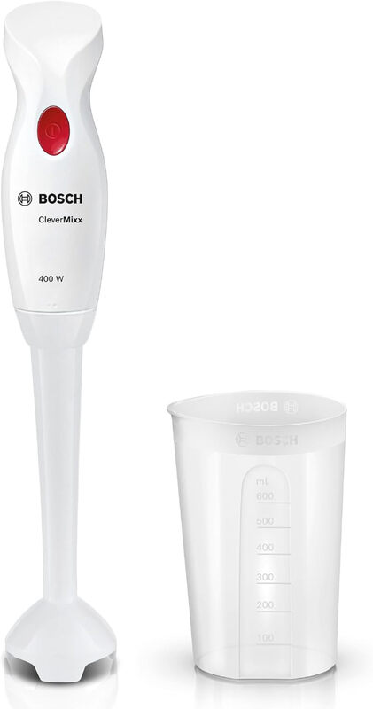 Bosch CleverMixx Handmixer, abnehmbarer Mixfuß, ergonomischer Griff, leichtes Gehäuse, 4-flügliger Schneidkopf, einfache Reinigung, 400 W, Weiß/Rot, MSM14000