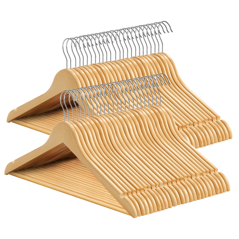 JOYFURNOS Massief houten kledinghangers, set van 50, met schouderuitsparingen, voor pakken, overhemden, jassen, naturel en zilver