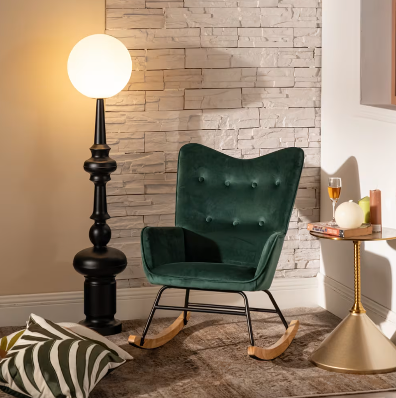 URBAN MEUBLE Velvet Rocking Chair in Green | Upholstered Lounge Armchair for Living Room, Nursery or Bedroom