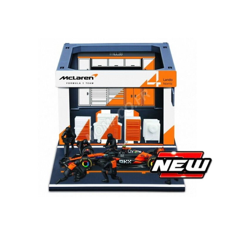 1/43 Bburago Pit-Stop McLaren MCL39 (véhicule + figurines de mécaniciens + paddock + accessoires) #4 Norris