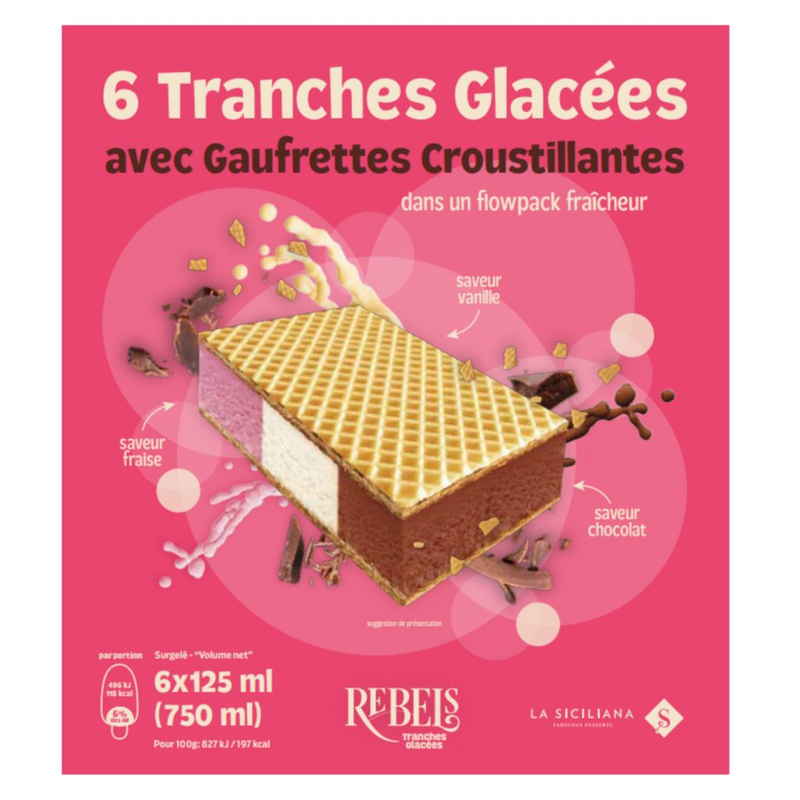 REBELS Tranches glacées avec Gaufrette saveur Vanille Chocolat Fraise 6x125ml