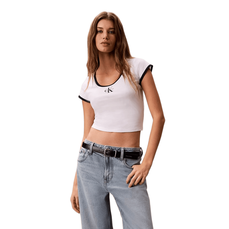 Calvin Klein Women's White Slim Cotton Stretch Ringer T-Shirt - Bright