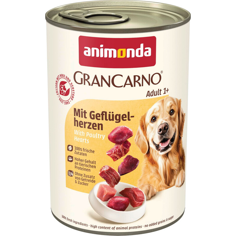 animonda GranCarno Adult Geflügelherzen Hundenassfutter, getreidefrei, 6 × 400 g
