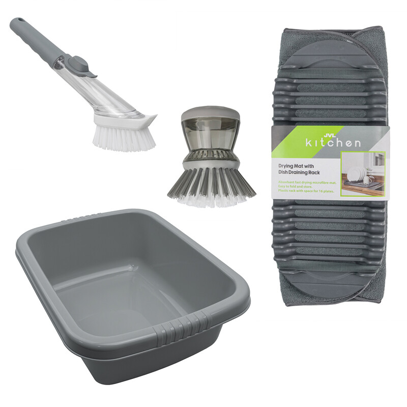 JVL Grey Washing Up Bowl, Sesha Dish Drying Rack Mat & Soap Dispensing Brush Bundle