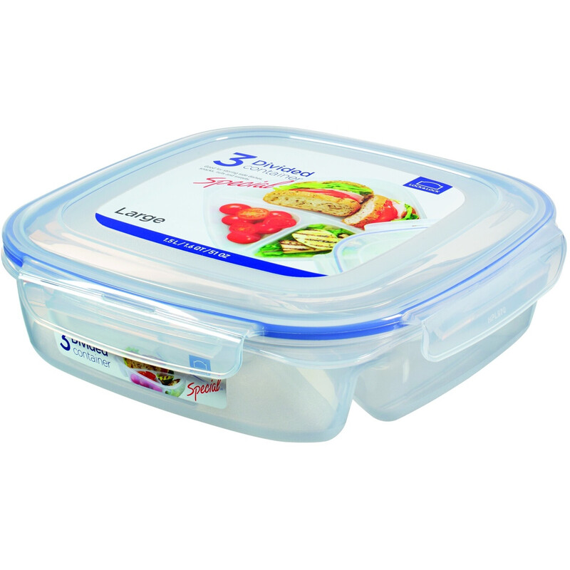 LocknLock 3-Fächer-Mahlzeitenservierplatte/Frischhaltedose, 1,5 L, Transparent, PP-Kunststoff/4-seitiges Verschlusssystem/luftdicht & auslaufsicher/3-fach geteiltes Design (1 großes + 2 kleine Fächer)/BPA-frei/Gefriergeeignet (-20 °C)/Mikrowellengeeignet