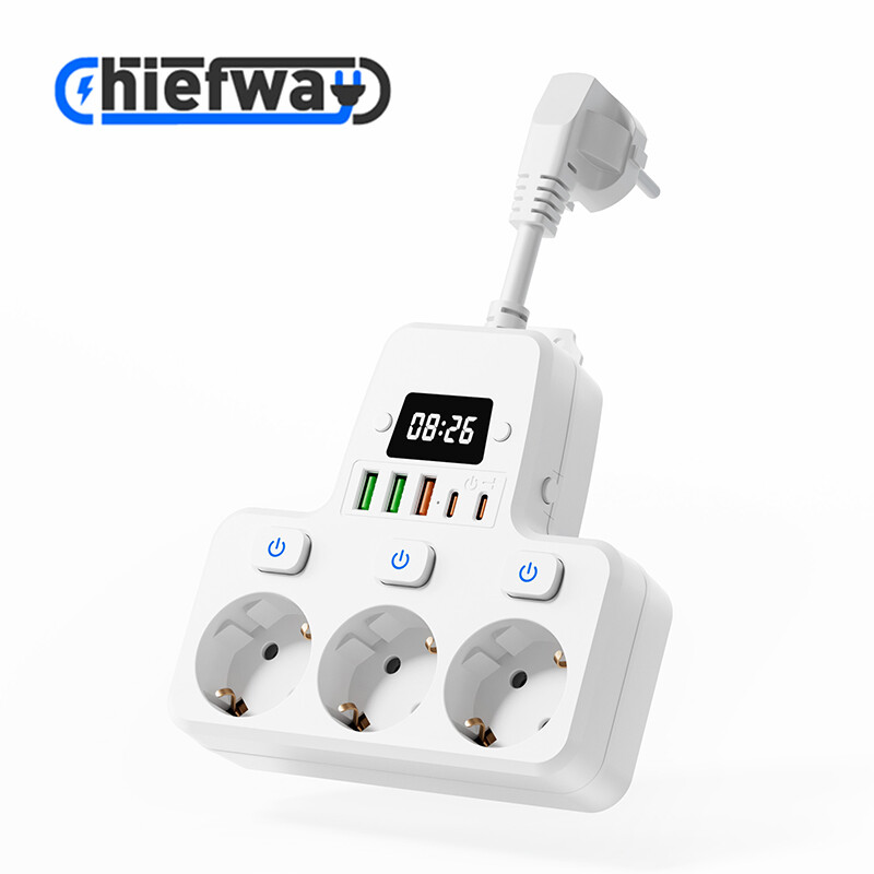 9-in-1 Multi-Outlet Stekkerdoos met 3 AC-stopcontacten, 3 USB-A-poorten en 2 Type-C-poorten, met Individuele Schakelaars, Digitaal Horloge, 4000 W MAX Wit/10 cm Snoer