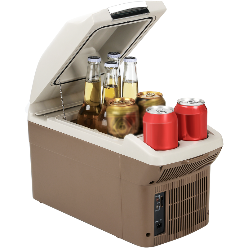 ICEROVER PN-09 9 liter elektrische koel- en warmhoudkast voor auto en thuis, AC/DC draagbare mini-koelkast met bekerhouders, bruin, ideaal voor drankjes, snacks en op reis