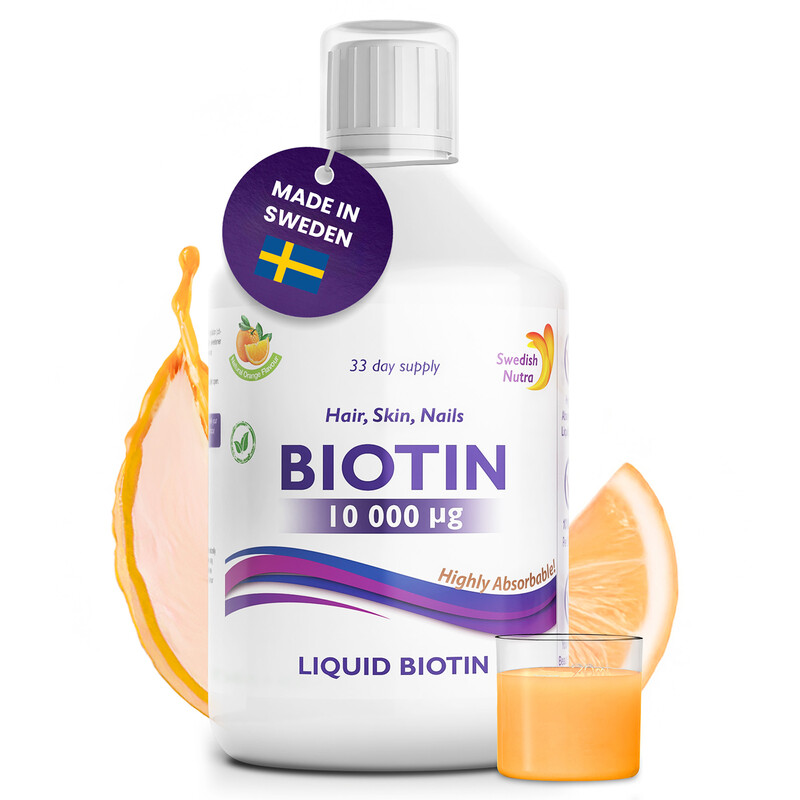 Swedish Nutra Flüssiges Biotin 10.000µg 500 ml – Biotin & Vitamin C für Haare, Haut & Nägel | schnell aufnehmbar, vegan, glutenfrei, 100% natürlicher Orangengeschmack