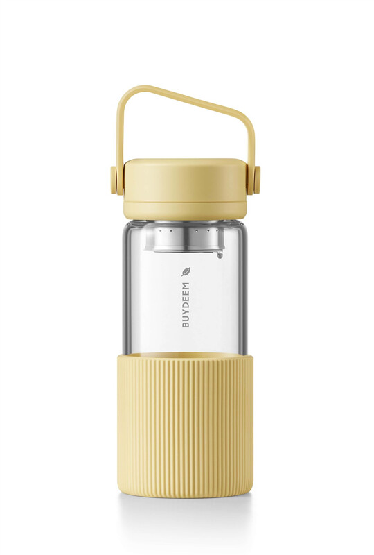 BUYDEEM Draagbare glazen theefles met uitneembare roestvrijstalen theefilter, afgesloten en lekvrij, Uitneembare siliconen bescherming tegen brandwonden, FDA-goedgekeurde materialen, 470 ml, Mello Yellow