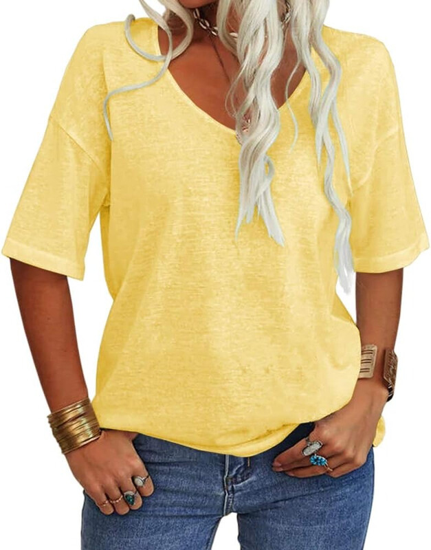Women Fashion V-Neck Half Sleeves Oversized T Shirt Solid Casual Loose Basic Tops (yellow, S)