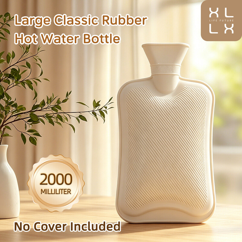 XLLX 2 L Grote klassieke rubberen warmwaterkruik, kan handen, taille, buik, voeten, bed verwarmen, wat de beste warme metgezel is op koude dagen. Huishoudelijke warmwaterkruik, bedkruik pluizige cadeaus voor mannen en vrouwen (crème), 1 stuk