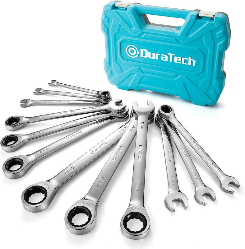 DURATECH 12-teiliges Flexkopf-Ratschen-Steckschlüssel-Set, 8-19 mm, Cr-V-Stahl | 180° Flexkopf-Design, 72-Zahn-Ratsche, Chrom-Vanadium-Stahl, 12-Punkt-Steckkopf, 5° Schwenkbereich, Metrische Größen, Aufrollbeutel