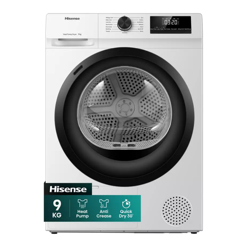 Hisense White 1 Series Anti Crease Heat Pump Tumble Dryer - 9Kg, A++, Dh1q902bw2