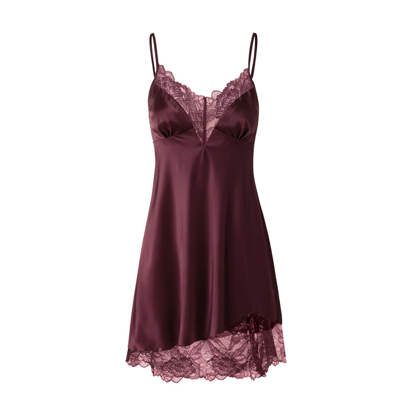 wide lace v-neck wine red silk-like suspender dress M