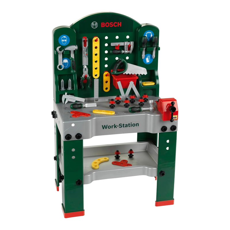 Theo Klein 8580 Bosch Werkbank | 44-teilig | Werkbank mit Lernfunktion Arbeitsfläche | Maße: 61 cm x 44,5 cm x 101 cm | Spielzeug für Kinder ab 3 Jahren