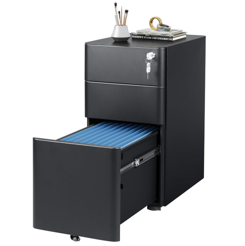 DEVAISE 3 Drawer Filing Cabinet, Lockable File Cabinet Metal Under Desk Storage Fits Letter/Legal/A4 Size for Home Office, Balck