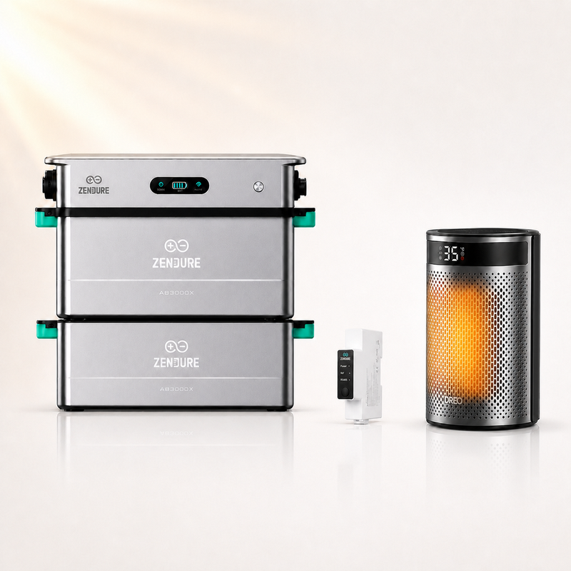 Zendure SolarFlow 2400 AC Inverter mit 2× AB3000X Akkus & Smart Meter 3CT-S 120 A + DREO Atom 416 1500 W PTC Keramikheizung Bundle