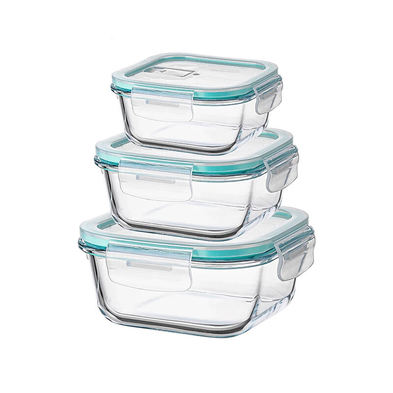 JORDAN&JUDY set van 3 rechthoekige bewaardozen met klepdeksel, groen (370 ml + 640 ml + 1040 ml)